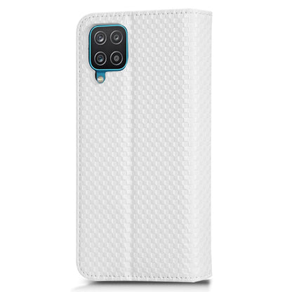 For Samsung Galaxy A12 / M12 PU Leather Stand Case, Grid Texture Magnetic Auto-absorbed Cell Phone Wallet Cover