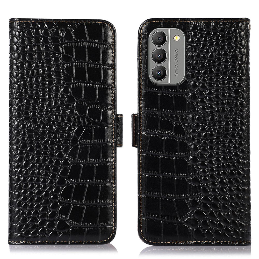 RFID Blocking Genuine Cowhide Leather Case for Nokia G400 5G, Crocodile Texture Stand Wallet Phone Cover