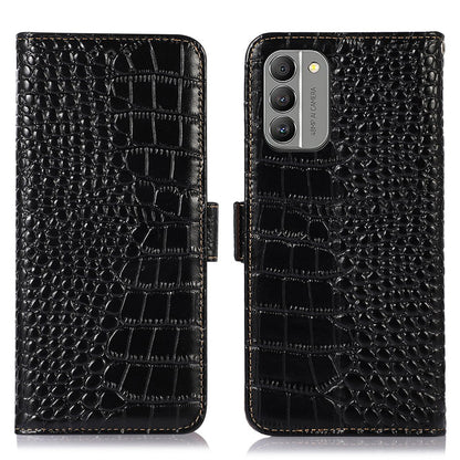 RFID Blocking Genuine Cowhide Leather Case for Nokia G400 5G, Crocodile Texture Stand Wallet Phone Cover