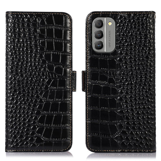 RFID Blocking Genuine Cowhide Leather Case for Nokia G400 5G, Crocodile Texture Stand Wallet Phone Cover