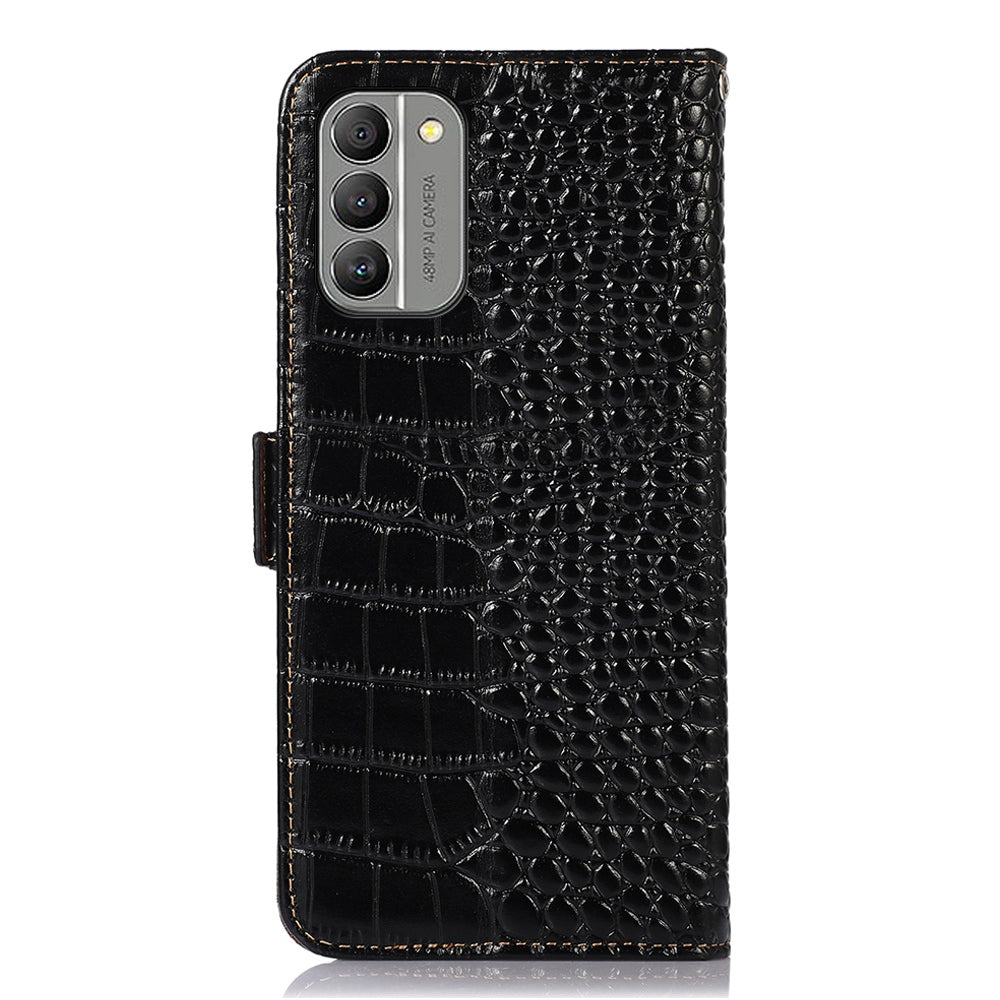 RFID Blocking Genuine Cowhide Leather Case for Nokia G400 5G, Crocodile Texture Stand Wallet Phone Cover