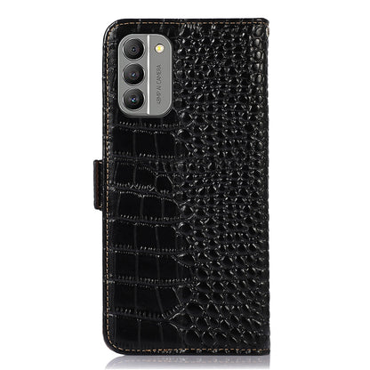 RFID Blocking Genuine Cowhide Leather Case for Nokia G400 5G, Crocodile Texture Stand Wallet Phone Cover