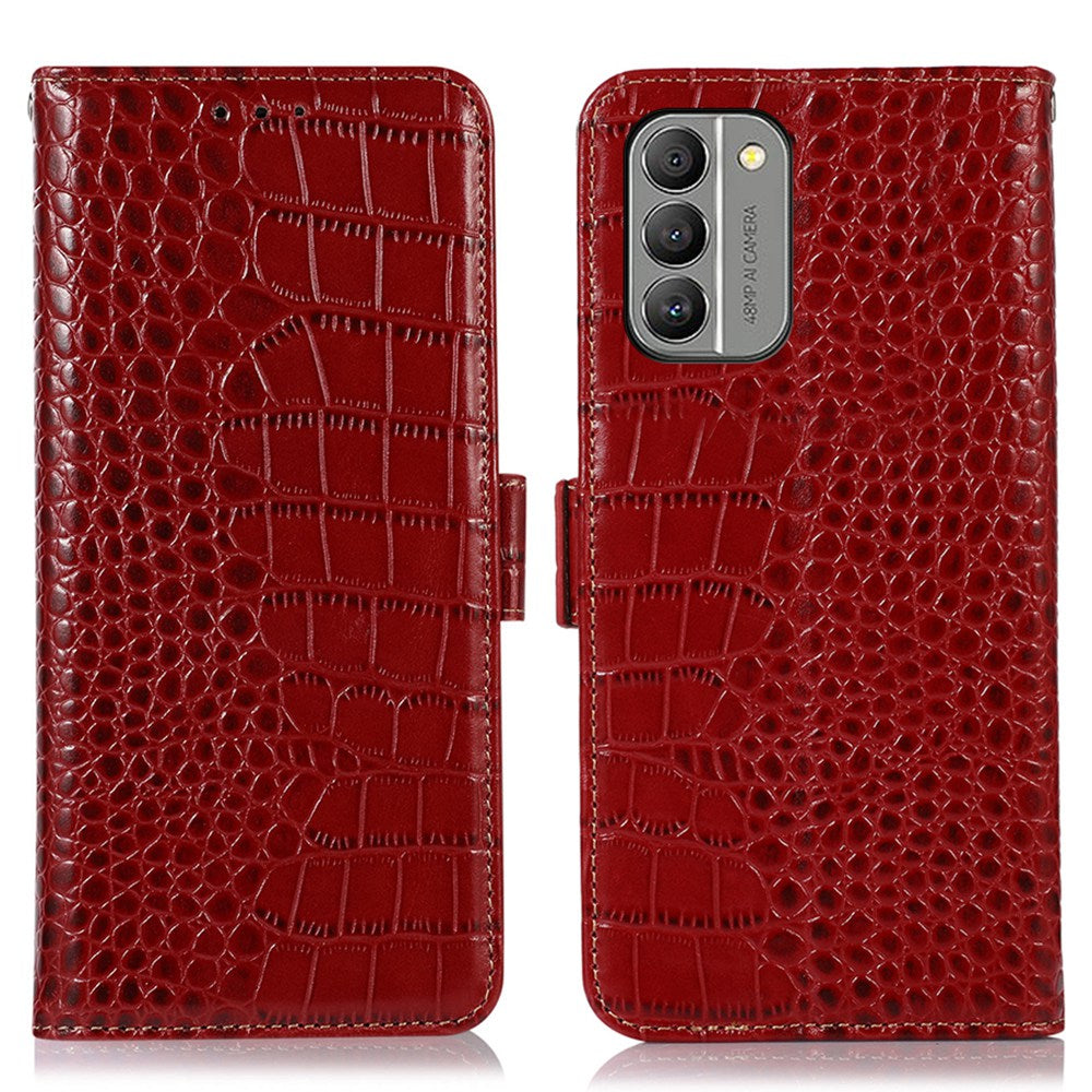 RFID Blocking Genuine Cowhide Leather Case for Nokia G400 5G, Crocodile Texture Stand Wallet Phone Cover