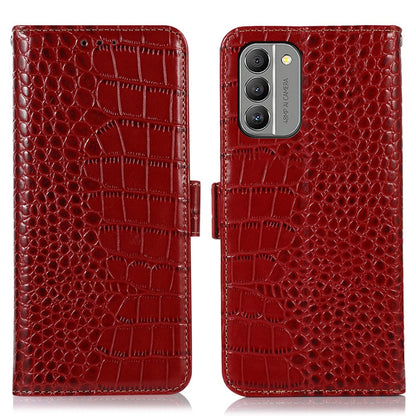 RFID Blocking Genuine Cowhide Leather Case for Nokia G400 5G, Crocodile Texture Stand Wallet Phone Cover