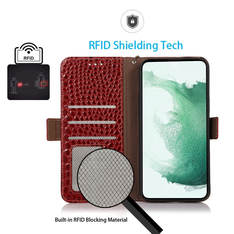 RFID Blocking Genuine Cowhide Leather Case for Nokia G400 5G, Crocodile Texture Stand Wallet Phone Cover