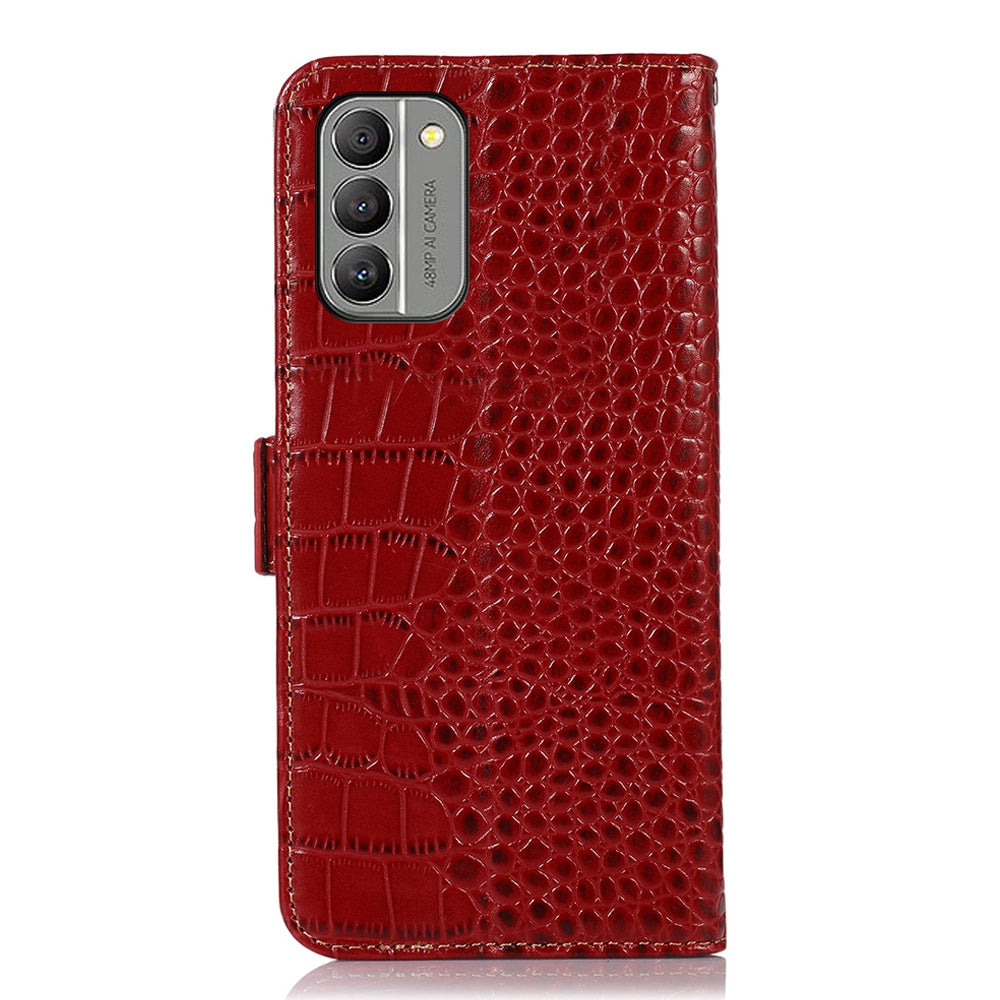 RFID Blocking Genuine Cowhide Leather Case for Nokia G400 5G, Crocodile Texture Stand Wallet Phone Cover
