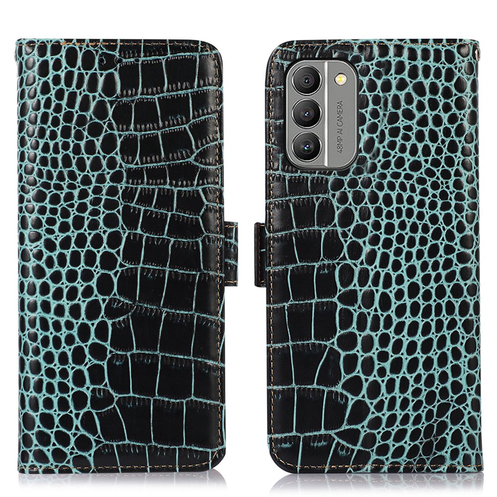 RFID Blocking Genuine Cowhide Leather Case for Nokia G400 5G, Crocodile Texture Stand Wallet Phone Cover