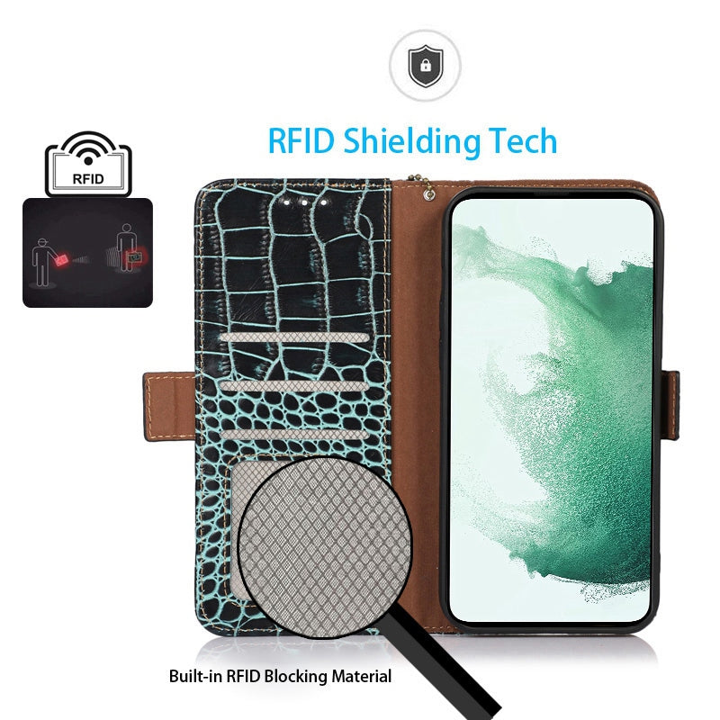 RFID Blocking Genuine Cowhide Leather Case for Nokia G400 5G, Crocodile Texture Stand Wallet Phone Cover