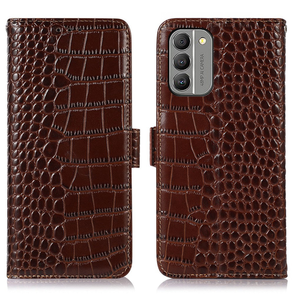 RFID Blocking Genuine Cowhide Leather Case for Nokia G400 5G, Crocodile Texture Stand Wallet Phone Cover