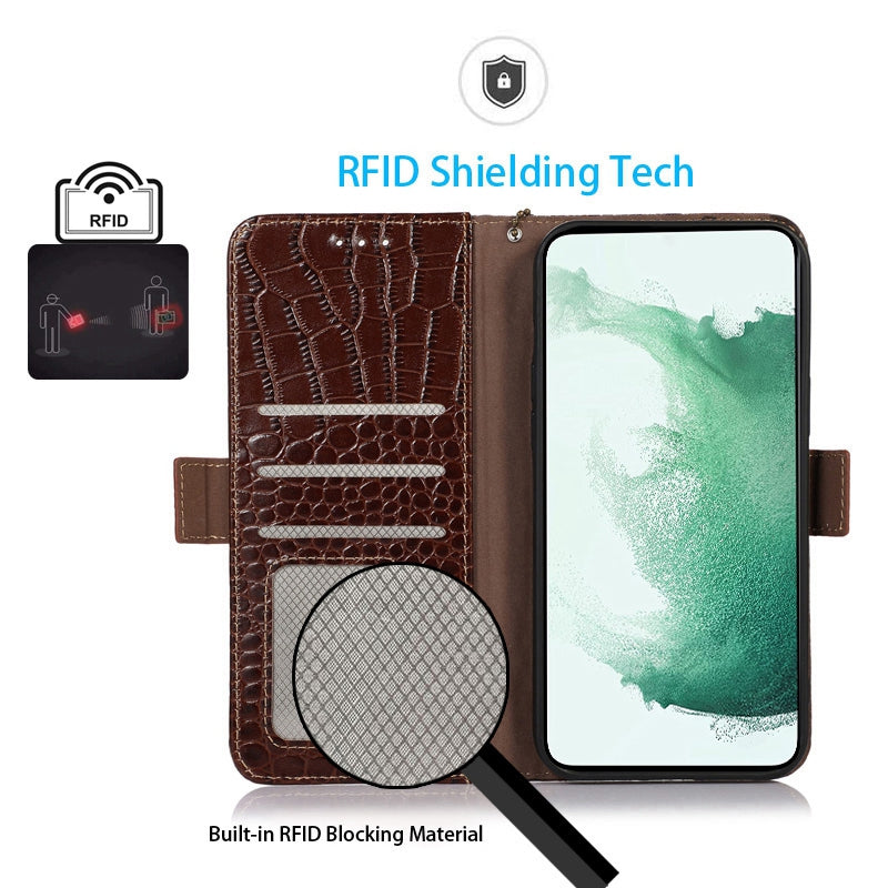 RFID Blocking Genuine Cowhide Leather Case for Nokia G400 5G, Crocodile Texture Stand Wallet Phone Cover