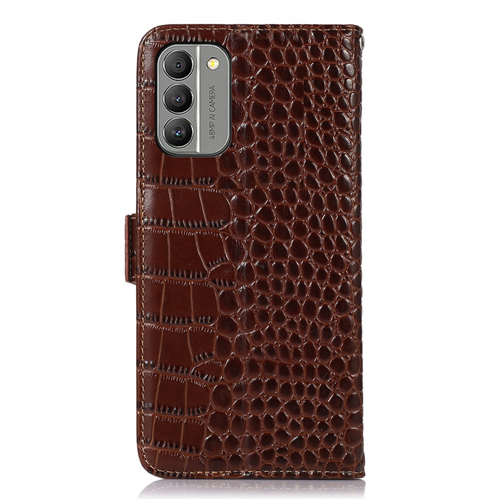RFID Blocking Genuine Cowhide Leather Case for Nokia G400 5G, Crocodile Texture Stand Wallet Phone Cover