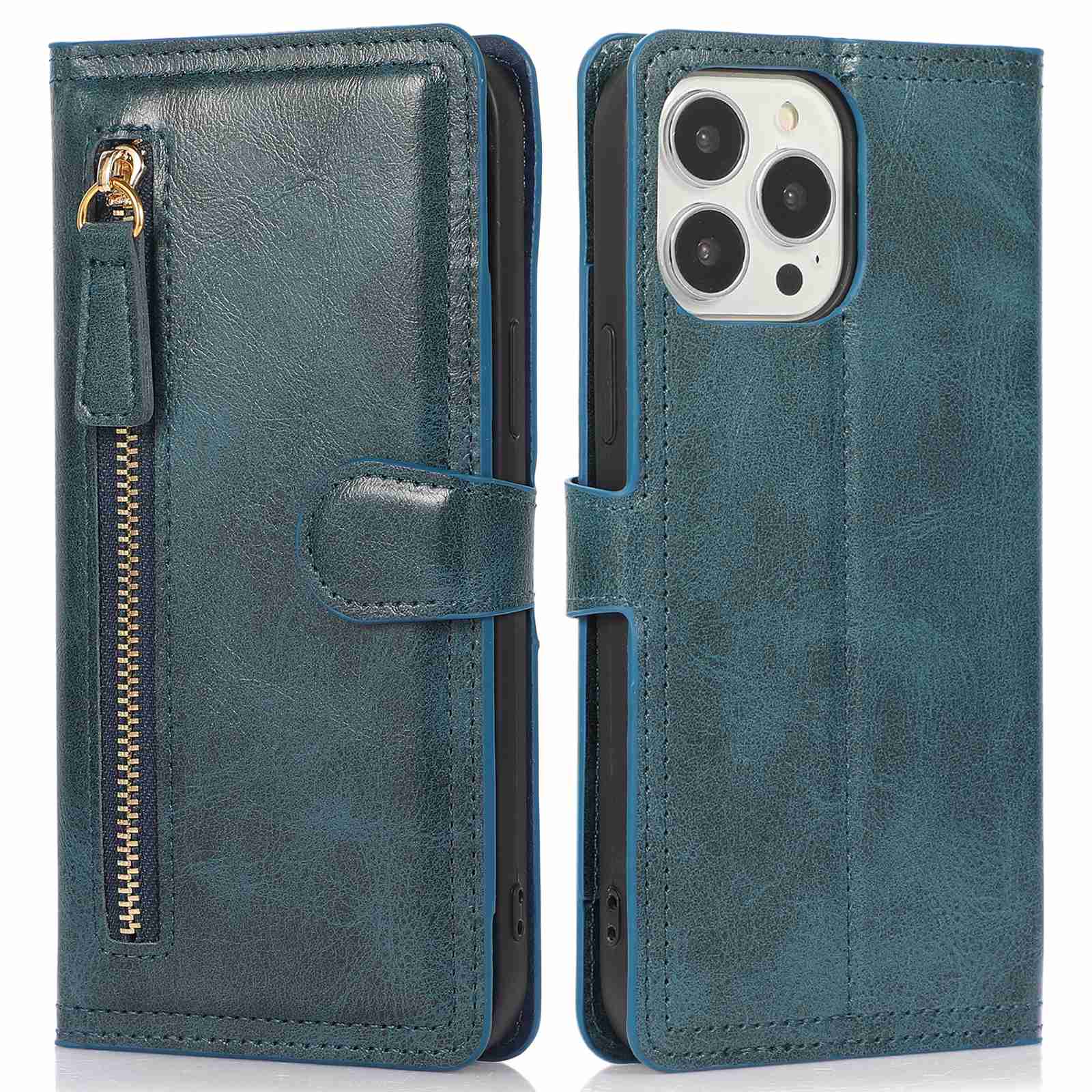 Zipper Pocket Phone Cover For iPhone 13 Pro 6.1 inch, Full Protection PU Leather Phone Flip Wallet Case Stand