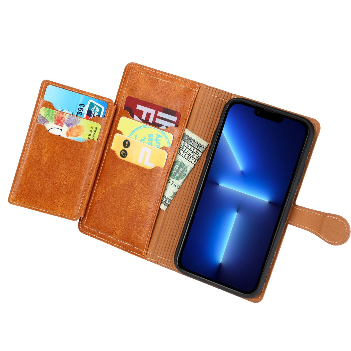 Zipper Pocket Phone Cover For iPhone 13 Pro 6.1 inch, Full Protection PU Leather Phone Flip Wallet Case Stand