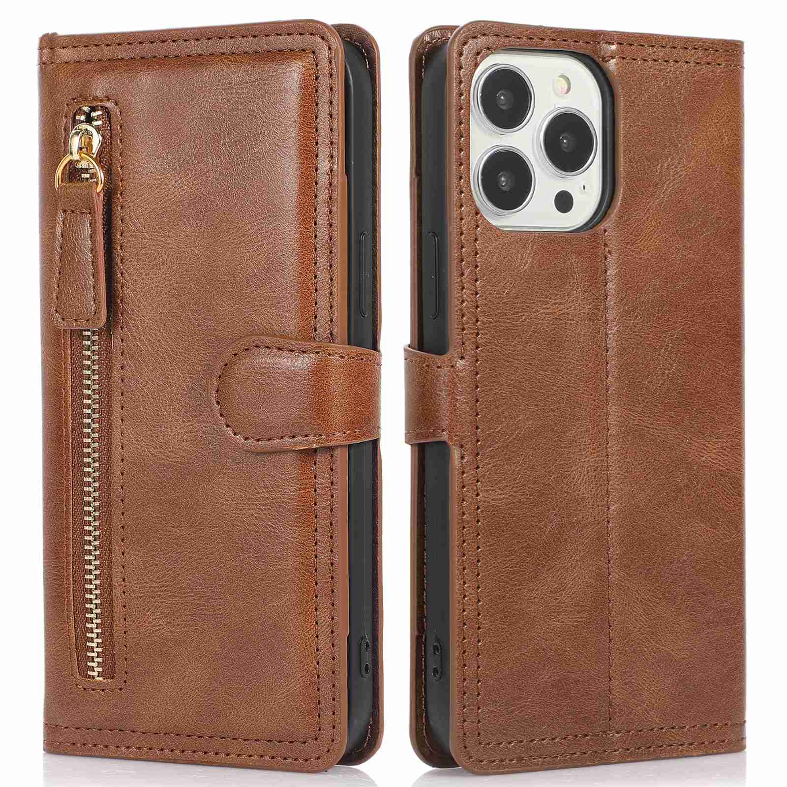 Zipper Pocket Phone Cover For iPhone 13 Pro 6.1 inch, Full Protection PU Leather Phone Flip Wallet Case Stand