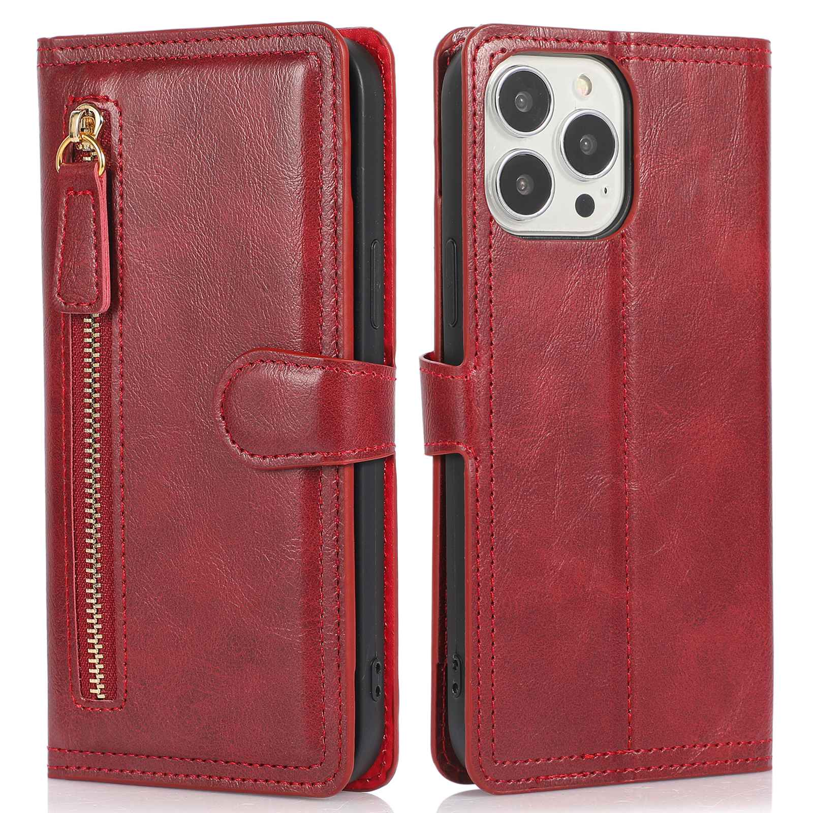 Zipper Pocket Phone Cover For iPhone 13 Pro 6.1 inch, Full Protection PU Leather Phone Flip Wallet Case Stand