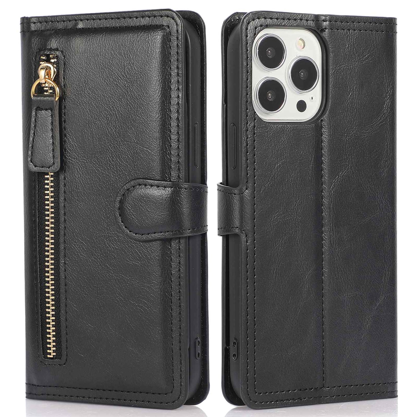 Zipper Pocket Phone Cover For iPhone 13 Pro 6.1 inch, Full Protection PU Leather Phone Flip Wallet Case Stand