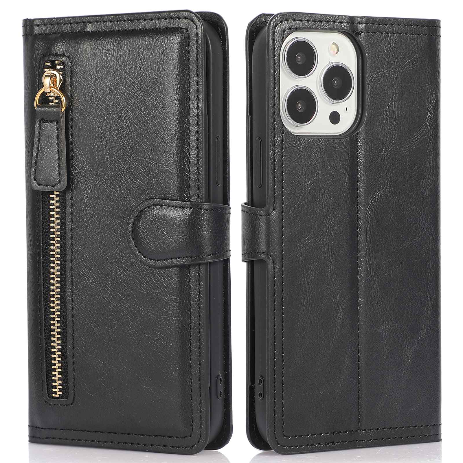 Zipper Pocket Phone Cover For iPhone 13 Pro 6.1 inch, Full Protection PU Leather Phone Flip Wallet Case Stand