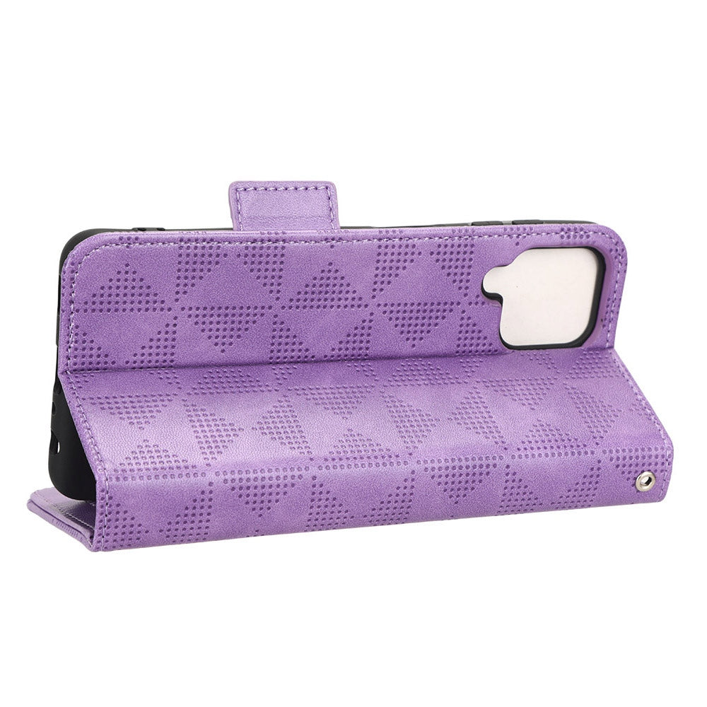For Samsung Galaxy A12 / M12 PU Leather Stand Wallet Case Imprinted Triangle Pattern All-round Protection Phone Cover
