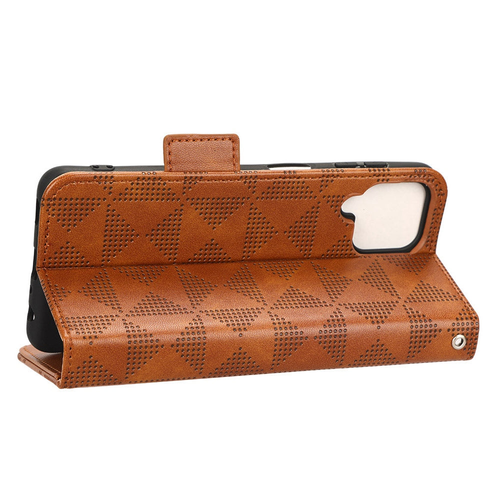 For Samsung Galaxy A12 / M12 PU Leather Stand Wallet Case Imprinted Triangle Pattern All-round Protection Phone Cover