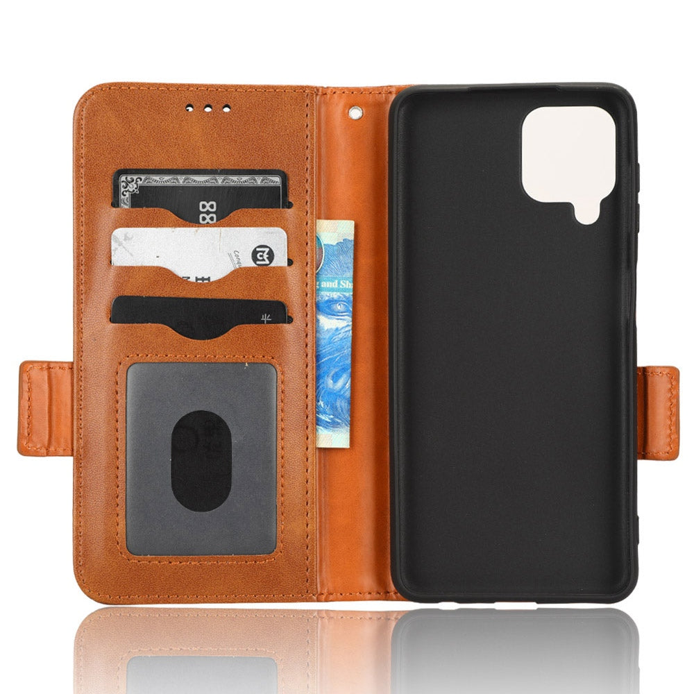 For Samsung Galaxy A12 / M12 PU Leather Stand Wallet Case Imprinted Triangle Pattern All-round Protection Phone Cover