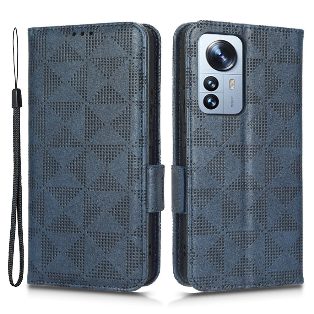 Anti-scratch Phone Case for Xiaomi 12 5G / 12X 5G / 12S 5G, PU Leather Imprinted Triangle Pattern Folio Flip Cover with Wallet Stand