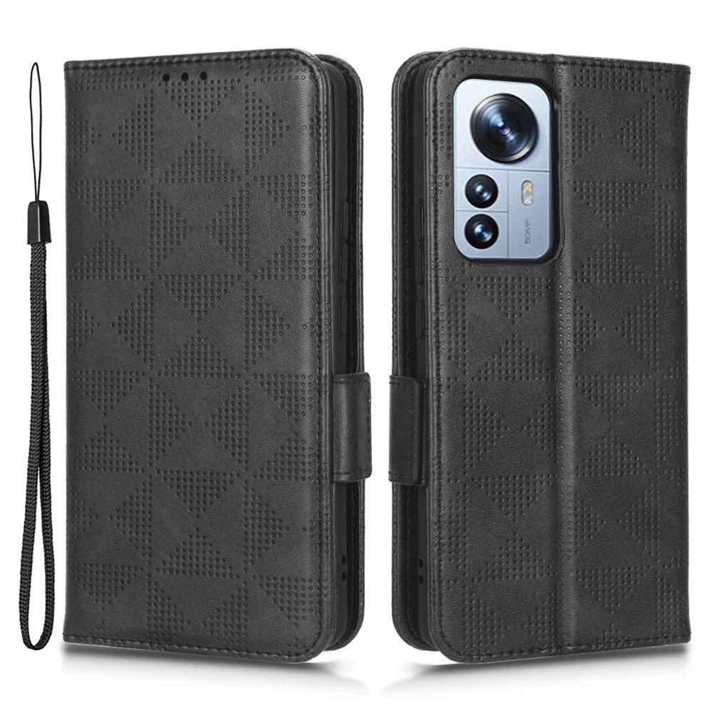 Anti-scratch Phone Case for Xiaomi 12 5G / 12X 5G / 12S 5G, PU Leather Imprinted Triangle Pattern Folio Flip Cover with Wallet Stand