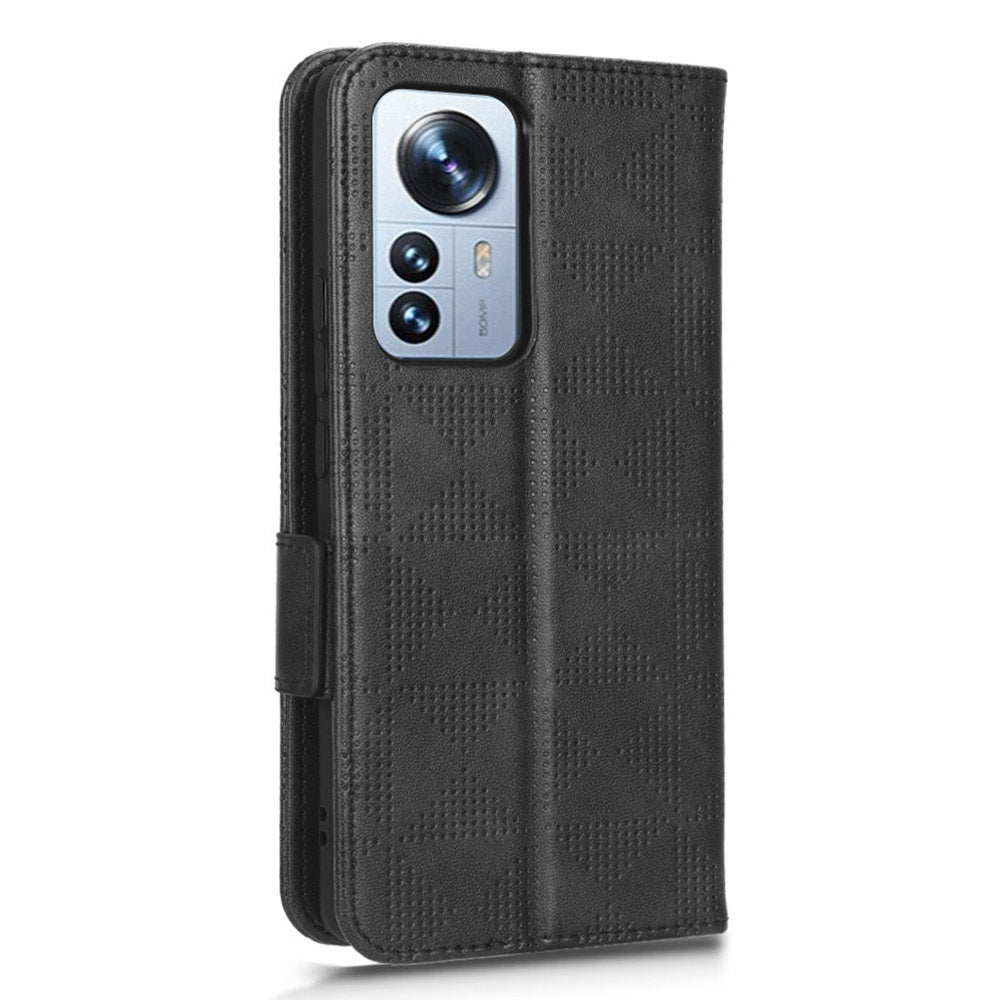Anti-scratch Phone Case for Xiaomi 12 5G / 12X 5G / 12S 5G, PU Leather Imprinted Triangle Pattern Folio Flip Cover with Wallet Stand