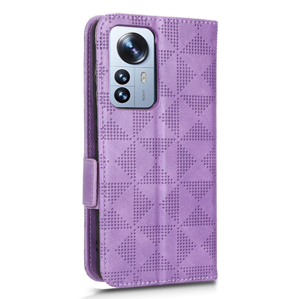Anti-scratch Phone Case for Xiaomi 12 5G / 12X 5G / 12S 5G, PU Leather Imprinted Triangle Pattern Folio Flip Cover with Wallet Stand