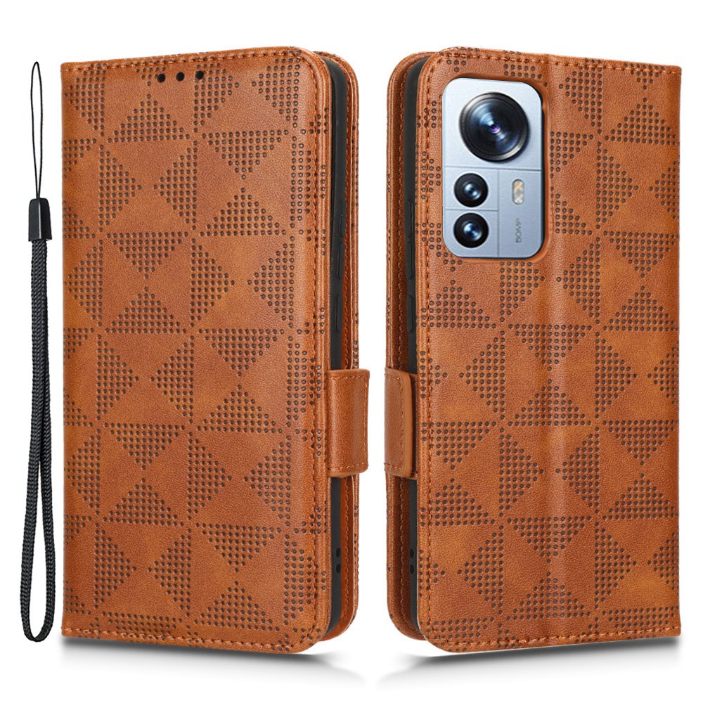 Anti-scratch Phone Case for Xiaomi 12 5G / 12X 5G / 12S 5G, PU Leather Imprinted Triangle Pattern Folio Flip Cover with Wallet Stand
