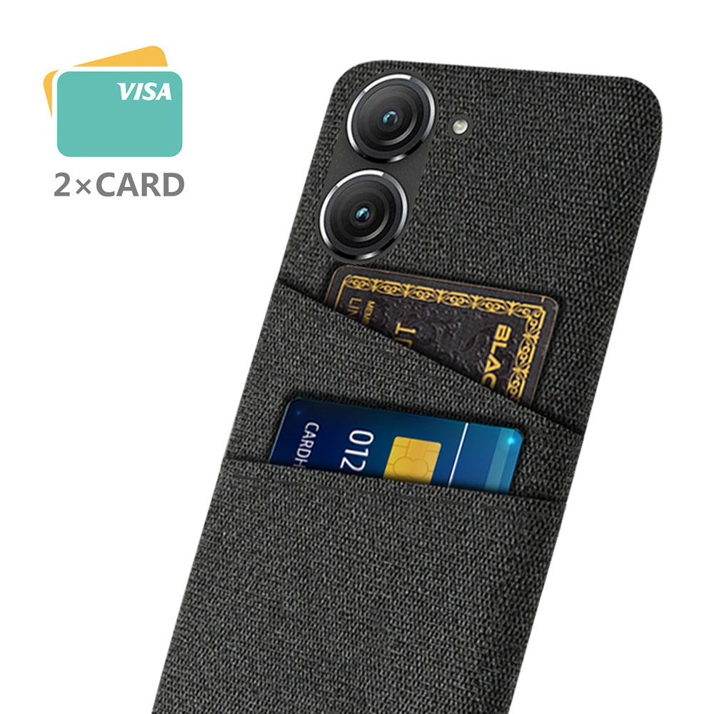 For Asus Zenfone 9 5G Drop-proof Cloth Texture Phone Case with Dual Card Slots Scratch Resistant PC Protective Cover
