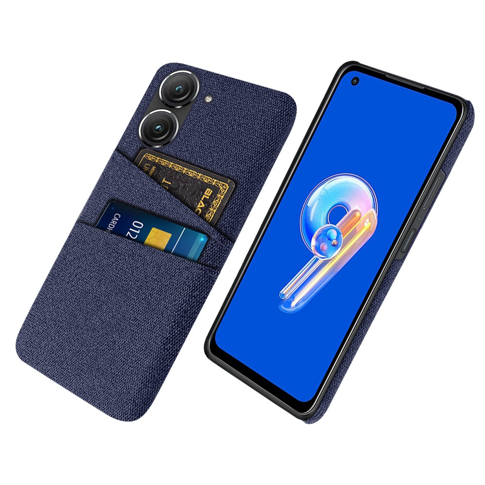 For Asus Zenfone 9 5G Drop-proof Cloth Texture Phone Case with Dual Card Slots Scratch Resistant PC Protective Cover