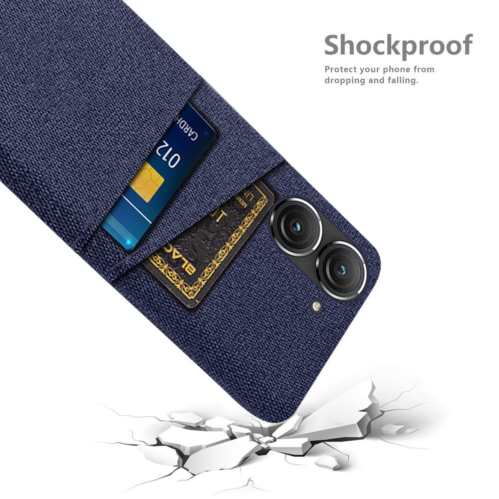 For Asus Zenfone 9 5G Drop-proof Cloth Texture Phone Case with Dual Card Slots Scratch Resistant PC Protective Cover