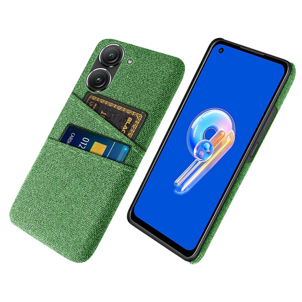For Asus Zenfone 9 5G Drop-proof Cloth Texture Phone Case with Dual Card Slots Scratch Resistant PC Protective Cover