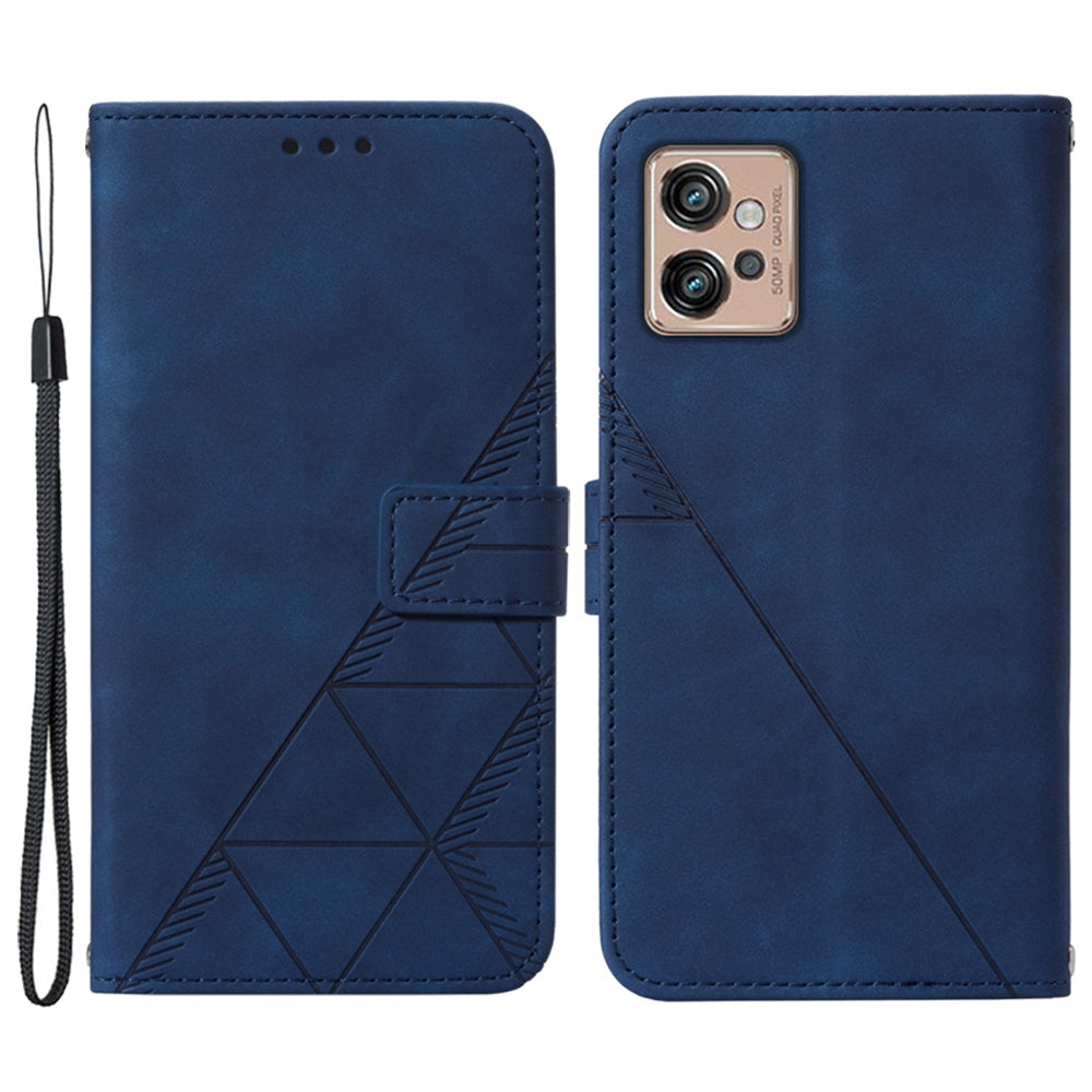 YB Imprinting Series-1 For Motorola Moto G32 4G PU Leather Imprinted Lines Business Phone Case Wallet Stand Cover with Hand Strap