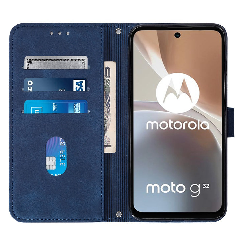 YB Imprinting Series-1 For Motorola Moto G32 4G PU Leather Imprinted Lines Business Phone Case Wallet Stand Cover with Hand Strap