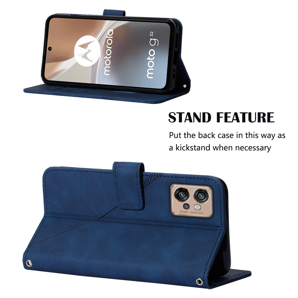 YB Imprinting Series-1 For Motorola Moto G32 4G PU Leather Imprinted Lines Business Phone Case Wallet Stand Cover with Hand Strap