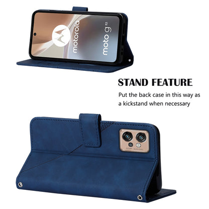YB Imprinting Series-1 For Motorola Moto G32 4G PU Leather Imprinted Lines Business Phone Case Wallet Stand Cover with Hand Strap