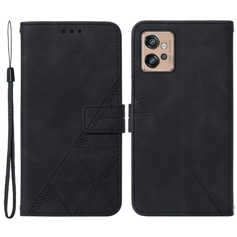 YB Imprinting Series-1 For Motorola Moto G32 4G PU Leather Imprinted Lines Business Phone Case Wallet Stand Cover with Hand Strap