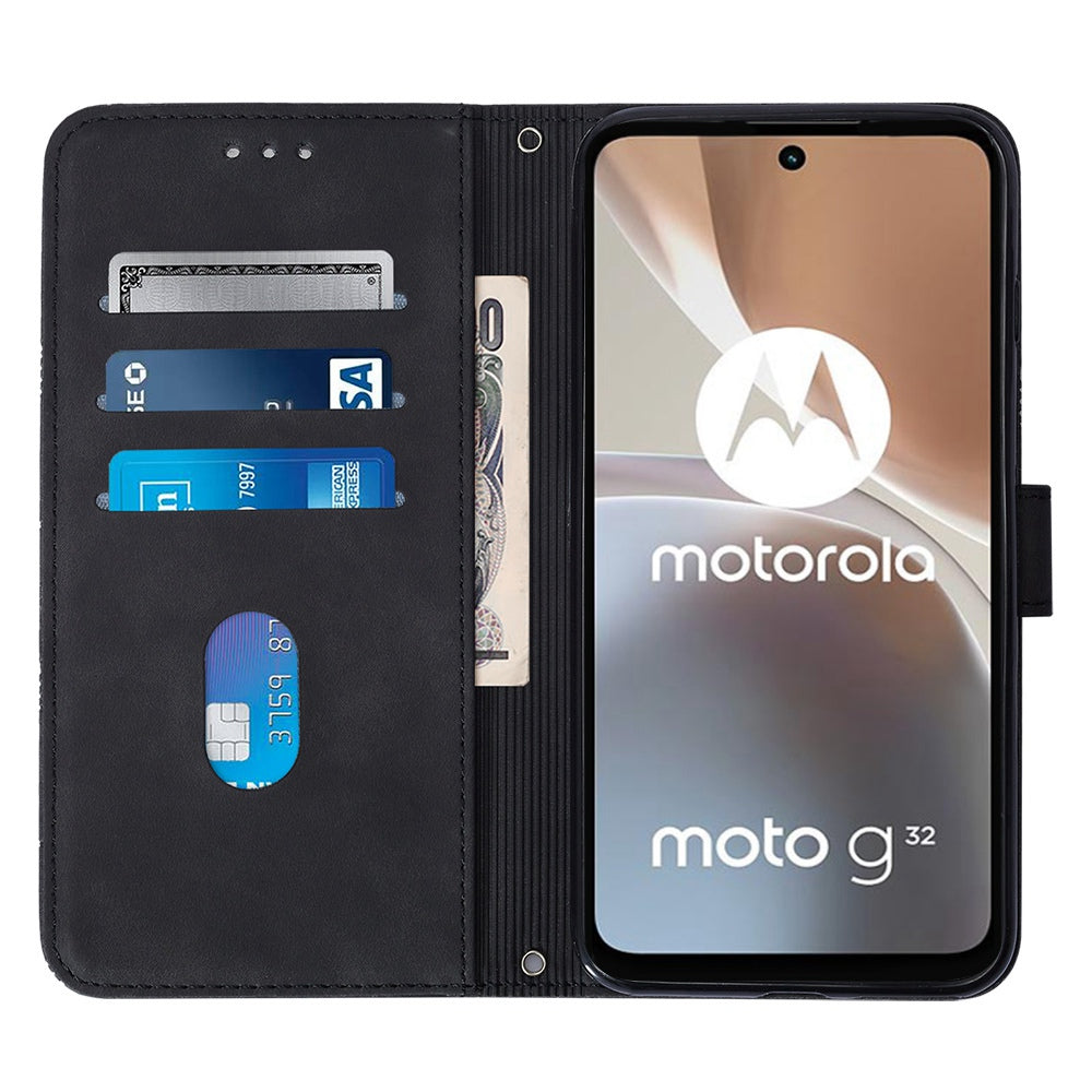 YB Imprinting Series-1 For Motorola Moto G32 4G PU Leather Imprinted Lines Business Phone Case Wallet Stand Cover with Hand Strap
