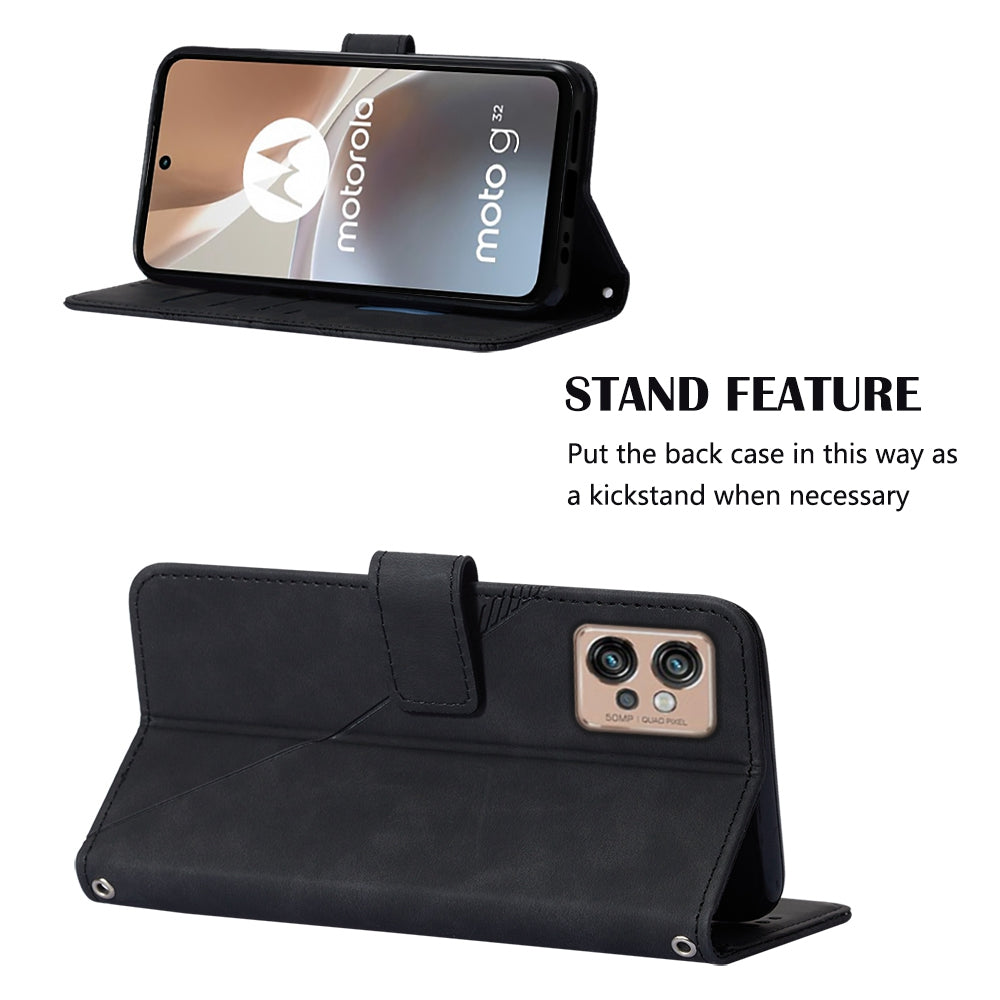 YB Imprinting Series-1 For Motorola Moto G32 4G PU Leather Imprinted Lines Business Phone Case Wallet Stand Cover with Hand Strap