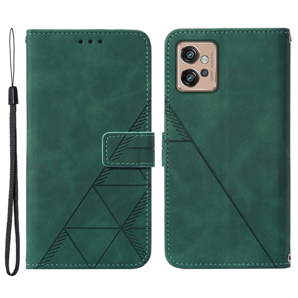 YB Imprinting Series-1 For Motorola Moto G32 4G PU Leather Imprinted Lines Business Phone Case Wallet Stand Cover with Hand Strap