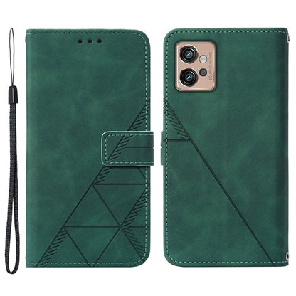 YB Imprinting Series-1 For Motorola Moto G32 4G PU Leather Imprinted Lines Business Phone Case Wallet Stand Cover with Hand Strap