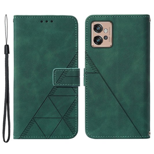 YB Imprinting Series-1 For Motorola Moto G32 4G PU Leather Imprinted Lines Business Phone Case Wallet Stand Cover with Hand Strap