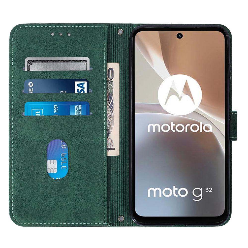 YB Imprinting Series-1 For Motorola Moto G32 4G PU Leather Imprinted Lines Business Phone Case Wallet Stand Cover with Hand Strap