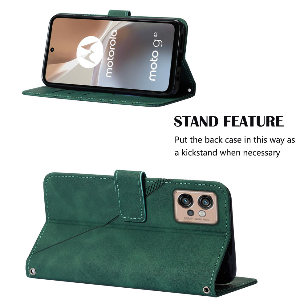 YB Imprinting Series-1 For Motorola Moto G32 4G PU Leather Imprinted Lines Business Phone Case Wallet Stand Cover with Hand Strap
