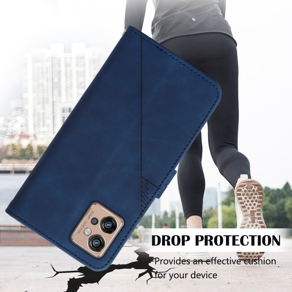 YB Imprinting Series-1 For Motorola Moto G32 4G PU Leather Imprinted Lines Business Phone Case Wallet Stand Cover with Hand Strap