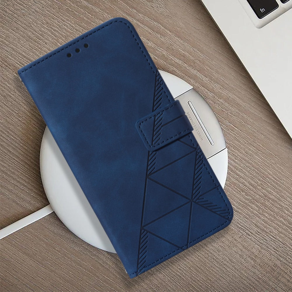 YB Imprinting Series-1 For Motorola Moto G32 4G PU Leather Imprinted Lines Business Phone Case Wallet Stand Cover with Hand Strap