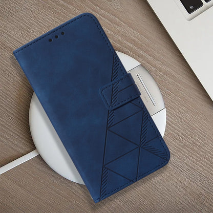YB Imprinting Series-1 For Motorola Moto G32 4G PU Leather Imprinted Lines Business Phone Case Wallet Stand Cover with Hand Strap