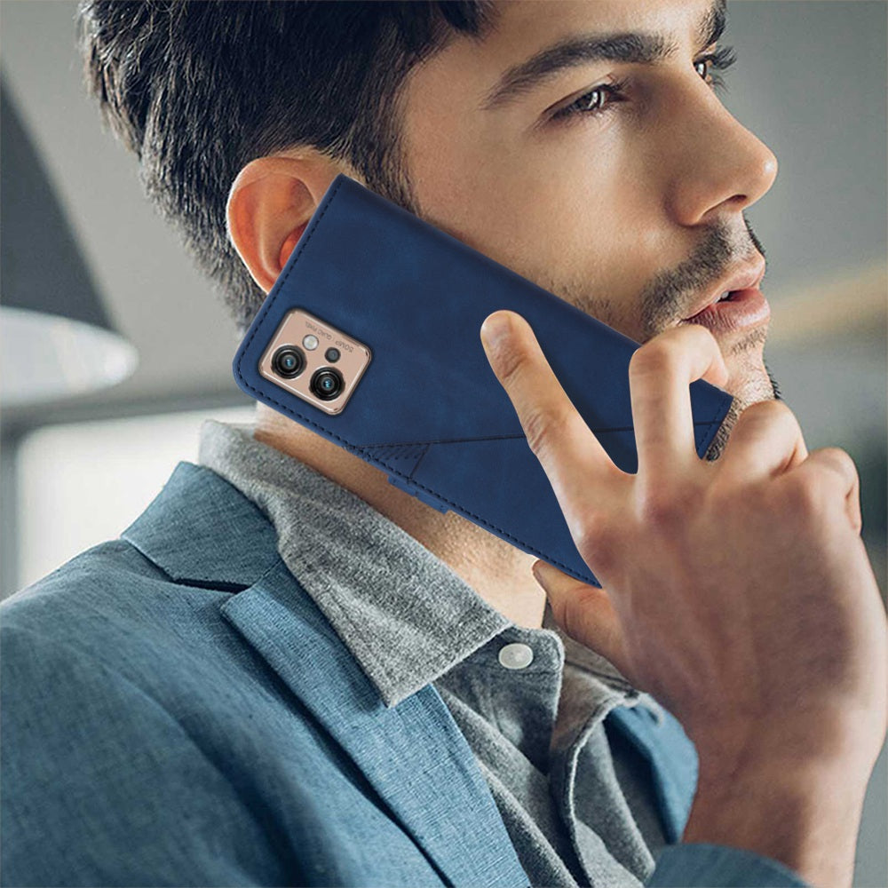 YB Imprinting Series-1 For Motorola Moto G32 4G PU Leather Imprinted Lines Business Phone Case Wallet Stand Cover with Hand Strap