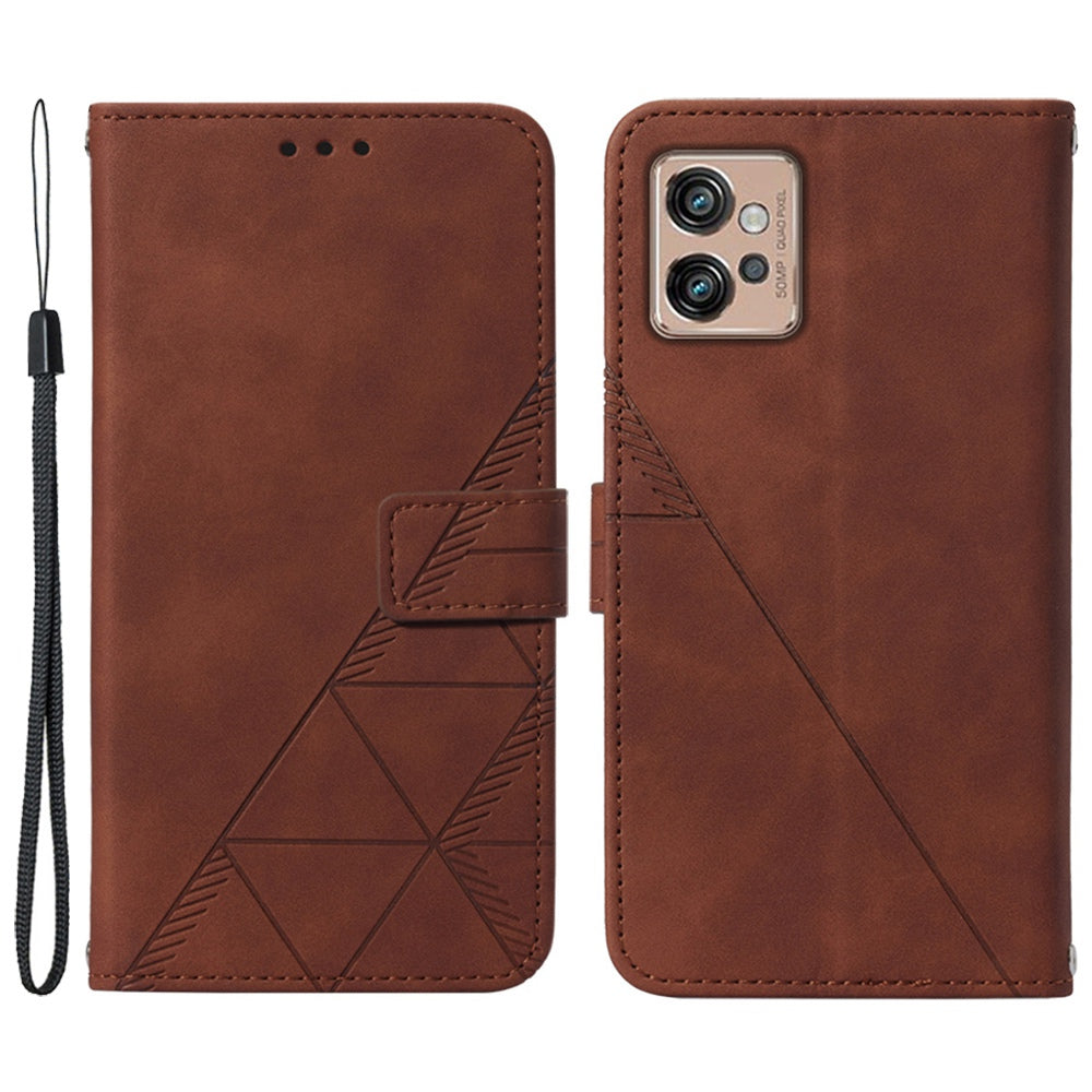 YB Imprinting Series-1 For Motorola Moto G32 4G PU Leather Imprinted Lines Business Phone Case Wallet Stand Cover with Hand Strap
